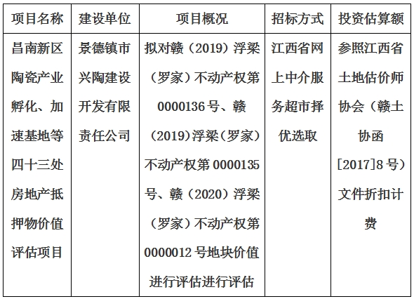 昌南新區(qū)陶瓷產(chǎn)業(yè)孵化、加速基地等四十三處房地產(chǎn)抵押物價值評估單位選取計劃公告