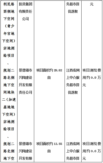 景德鎮(zhèn)市昌南新區(qū)LJ1-03-A01-1地塊、瓷都大道東側(cè)中渡口地下空間（格蘭云天大酒店地下空間）、光明大道北側(cè)利民路西側(cè)地下空間（青少年宮地下空間）、規(guī)劃二路北側(cè)地下空間地塊二（加速基地地下空間）、規(guī)劃二路北側(cè)地下空間地塊一（加速基地地下空間）、景德大道南側(cè)天寶橋西側(cè)地塊、景興大道東側(cè)如意路北側(cè)地下空間(社會公共服務(wù)