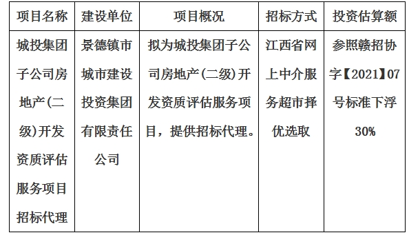 城投集團子公司房地產(chǎn)(二級)開發(fā)資質(zhì)評估服務(wù)項目招標(biāo)代理計劃公告