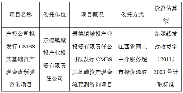 產(chǎn)投公司擬發(fā)行CMBS其基礎(chǔ)資產(chǎn)現(xiàn)金流預(yù)測咨詢項目計劃公告