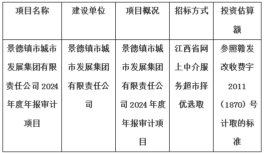 景德鎮(zhèn)市城市發(fā)展集團(tuán)有限責(zé)任公司2024年度年報審計項(xiàng)目計劃公告